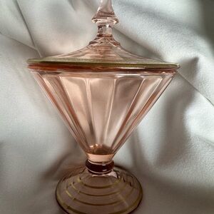 Lancaster Glass pink depression etched conical candy dish.